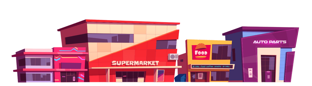 an illustration of a strip mall. Supermarket, restaurant, auto parts, doctors office.